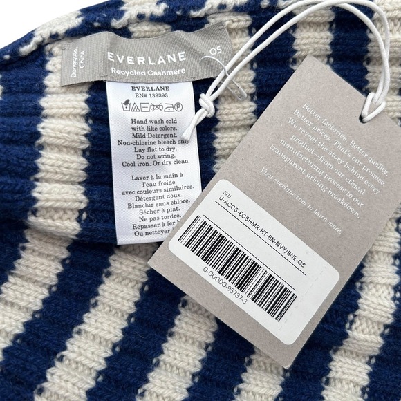 EVERLANE Striped Cashmere Blend Beanie Recycled Knit Hat Navy/Cream OS - Picture 6 of 6
